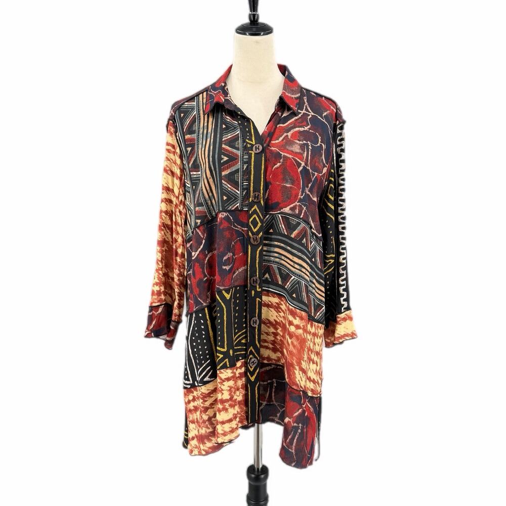 John Mark Black Red Yellow Multicolor Geometric Patchwork Flowy Button Blouse